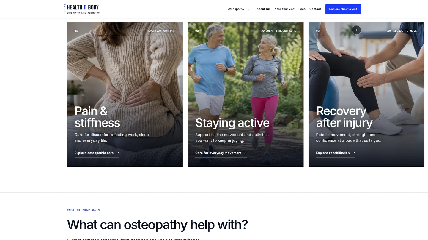 Real v35 website screenshot of the three image-led care pathways: pain and stiffness, staying active, and recovery after injury.