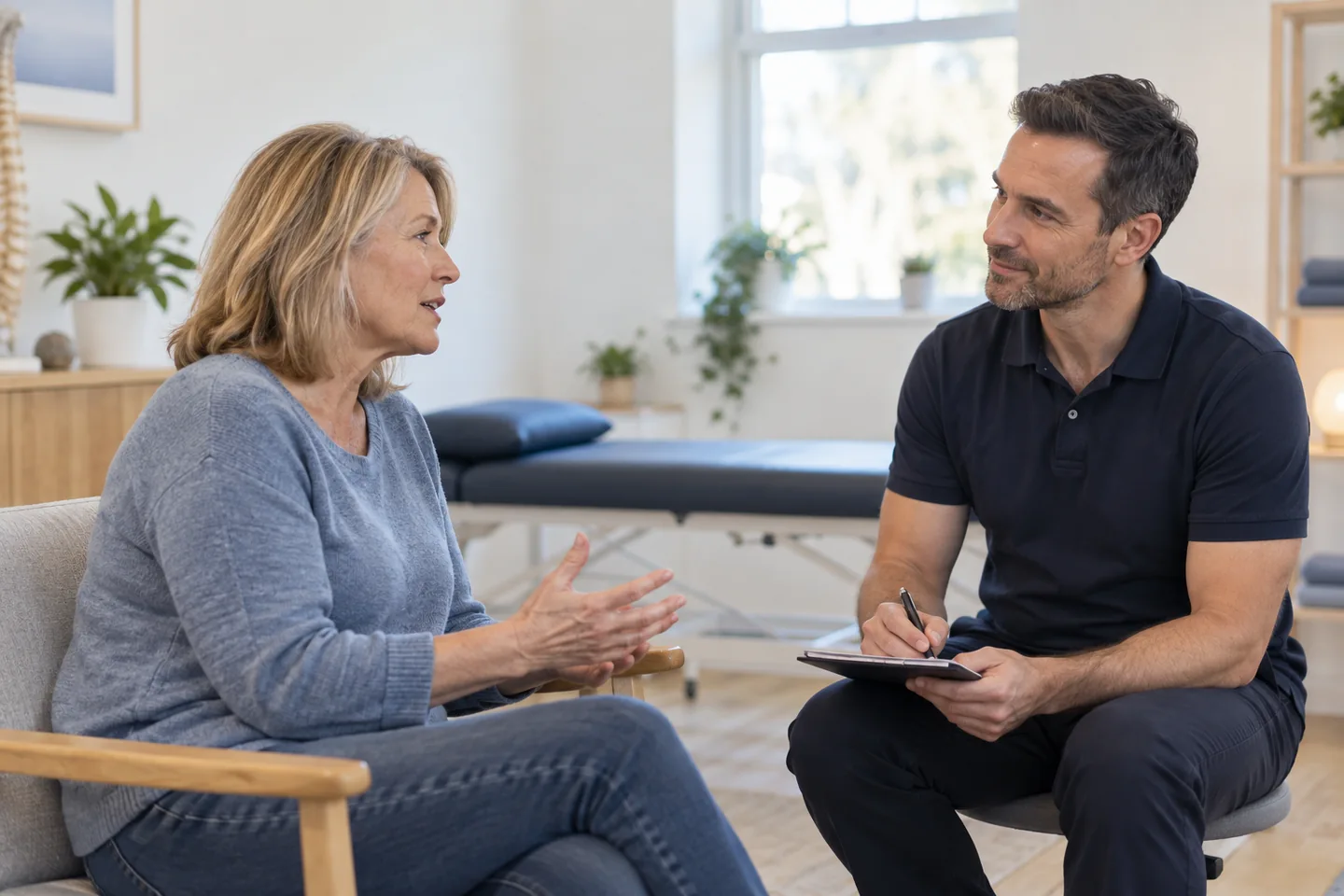 Illustrative consultation between a patient and practitioner; not a verified practice photograph.