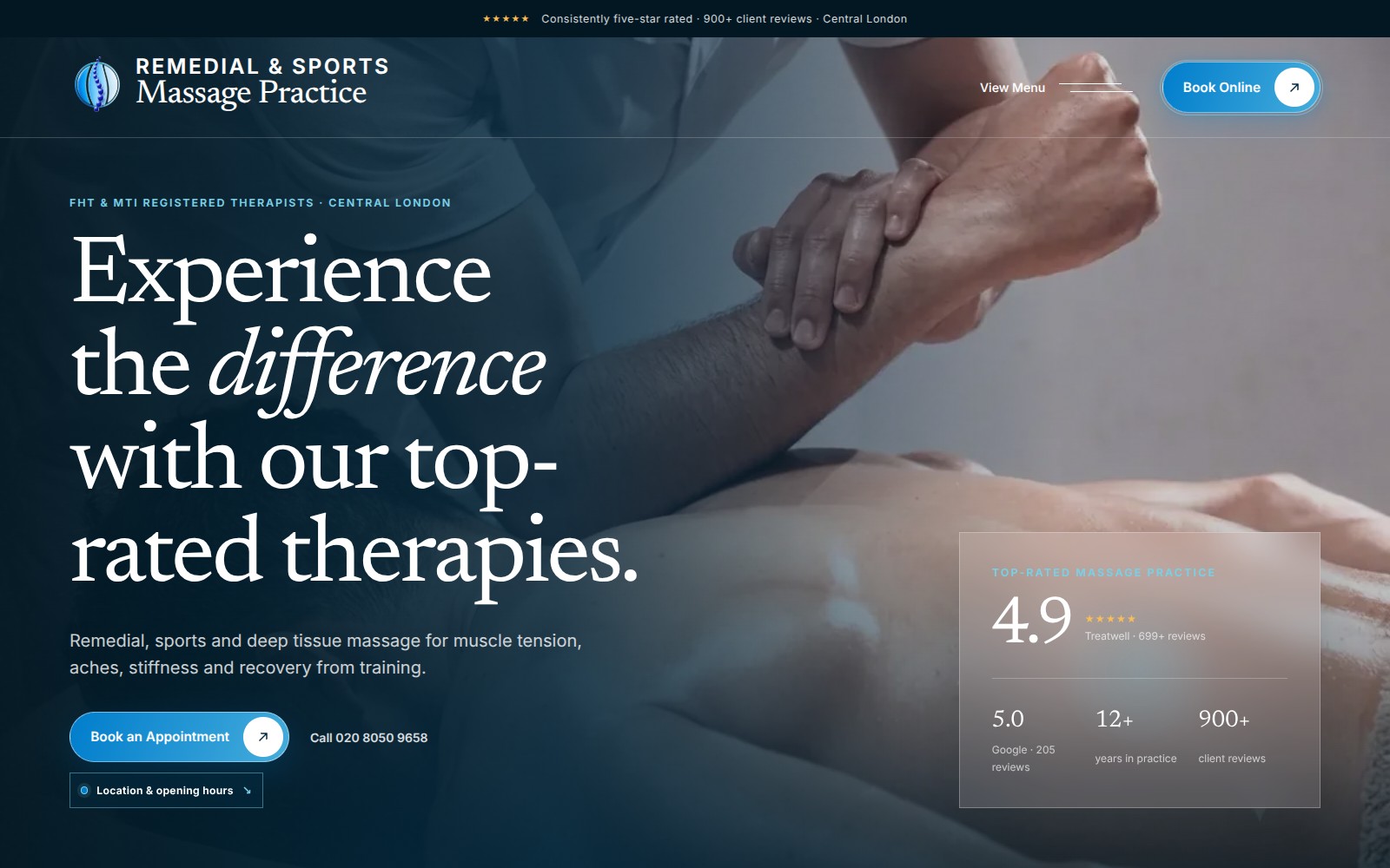 Completed Massage Practice homepage at desktop size