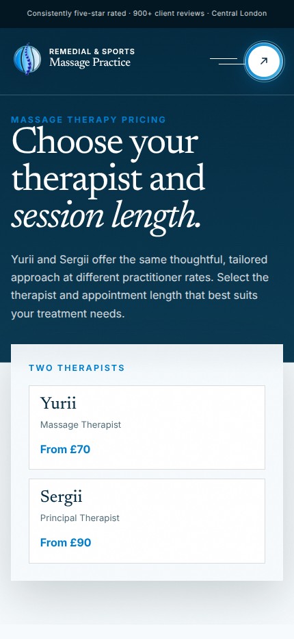 Massage Practice mobile pricing page