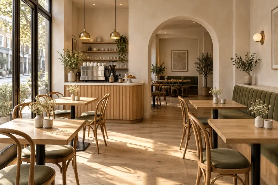 AI-generated warm café interior with an arch.