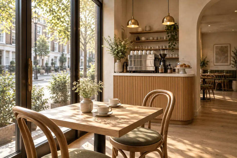 AI-generated café window table with coffee.